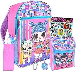 LOL Dolls Backpack and Lunch Box for Girls Bundle ~ Deluxe 16" L.O.L Backpack, Insulated Lunch Bag, and Over 300 LOL Stickers (LOL Dolls School Supplies)